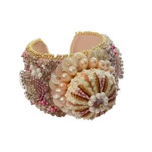 Handmade Pink Gold Beads Sequins Sea Urchin Shell One-of-a-Kind Cuff Bracelet